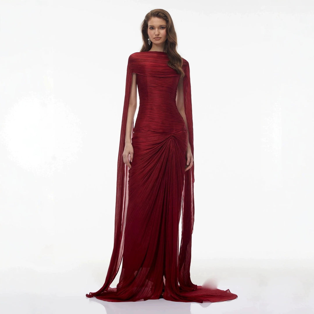 Damen Elegantes Maxikleid mit schulterfreier Silhouette und drapierter Cape-Optik R&B