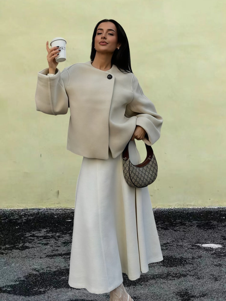 Damen Wickeljacke mit weiten Ärmeln und dekorativem Knopf R&B