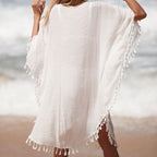 Damen Häkel-Strandüberwurf mit fransigem Saum und elegantem Lochmuster R&B