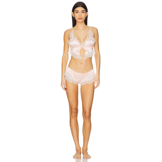 Damen Spitzen-Babydoll-Set mit Rüschendetails und schimmerndem Satin R&B