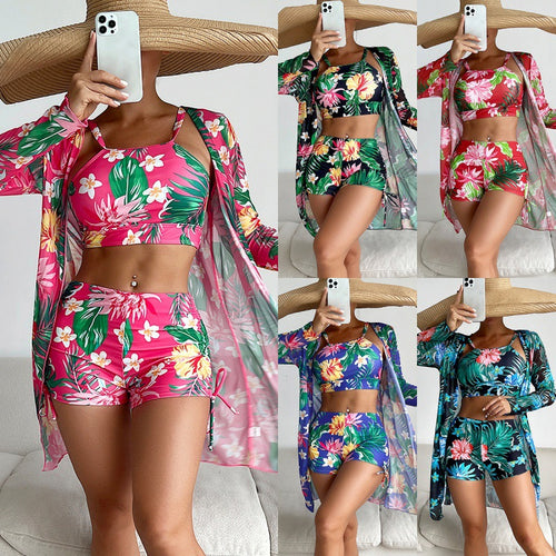 Damen Sport-Bikini-Set mit farbenfrohem Floralprint und lässiger Wickeljacke R&B