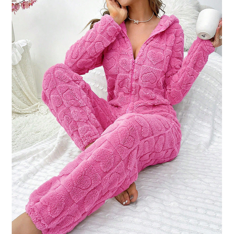 Damen Gemütlicher Fleece-Overall mit Kapuze R&B