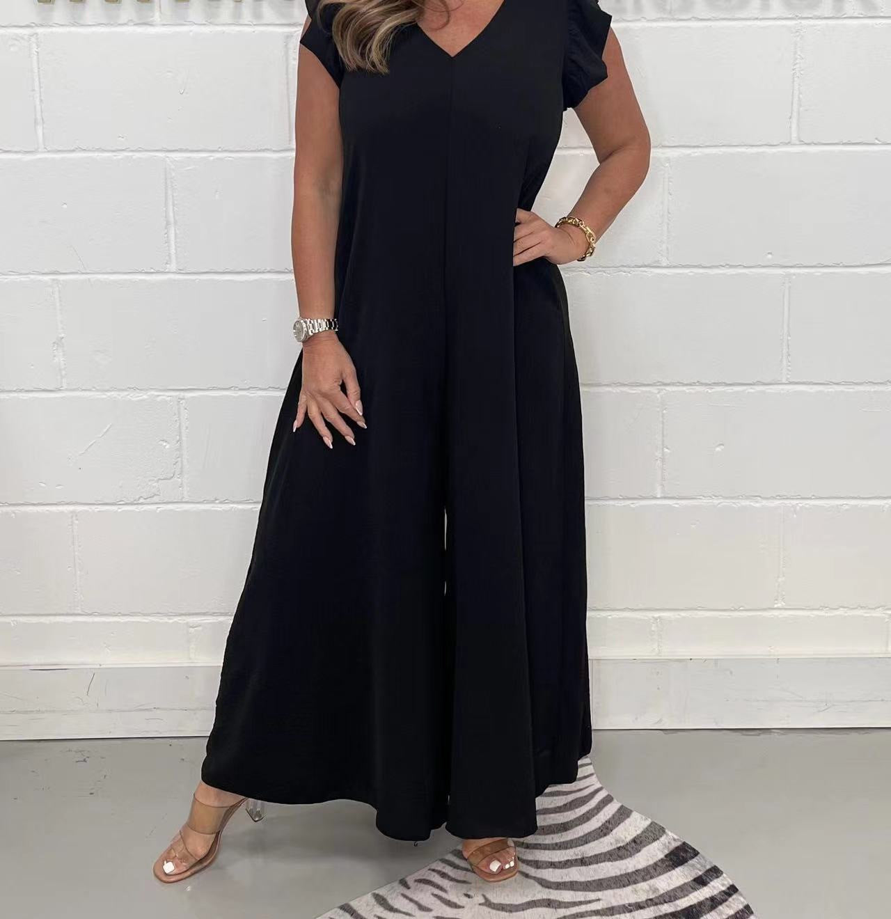 Damen luftiger Jumpsuit mit weit geschnittenem Bein und V-Ausschnitt R&B