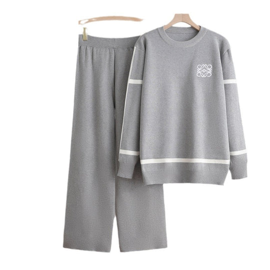 Damen modisches Freizeit-Loungewear-Set mit breiten Beinen und dezentem Logo R&B