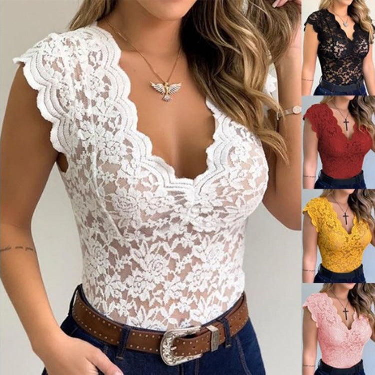 Damen Spitzenbodysuit mit tiefem V-Ausschnitt und Rüschenärmeln R&B