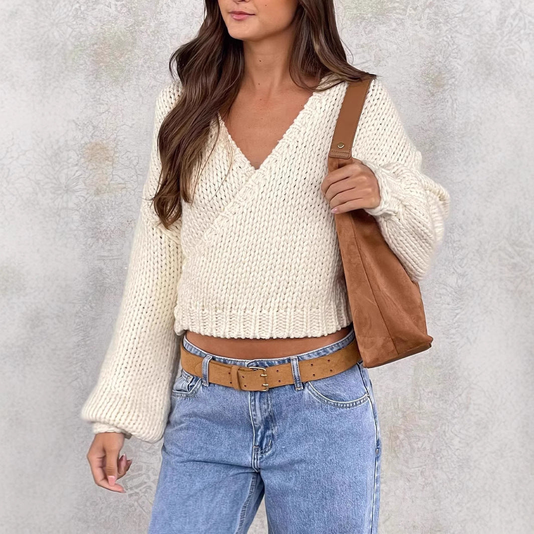 Damen kuscheliger Strickpullover mit modernem Wickeldesign R&B