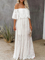 Damen Maxikleid mit eleganter Spitze und schulterfreiem Design R&B