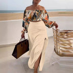 Damen Off-Shoulder Maxikleid mit eleganten Raffungseffekten und Seitenschlitz R&B