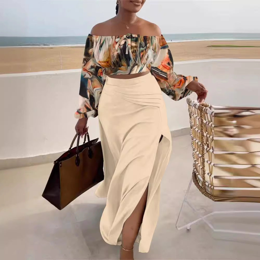 Damen Off-Shoulder Maxikleid mit eleganten Raffungseffekten und Seitenschlitz R&B