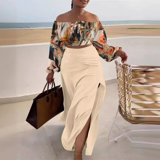 Damen Off-Shoulder Maxikleid mit eleganten Raffungseffekten und Seitenschlitz R&B