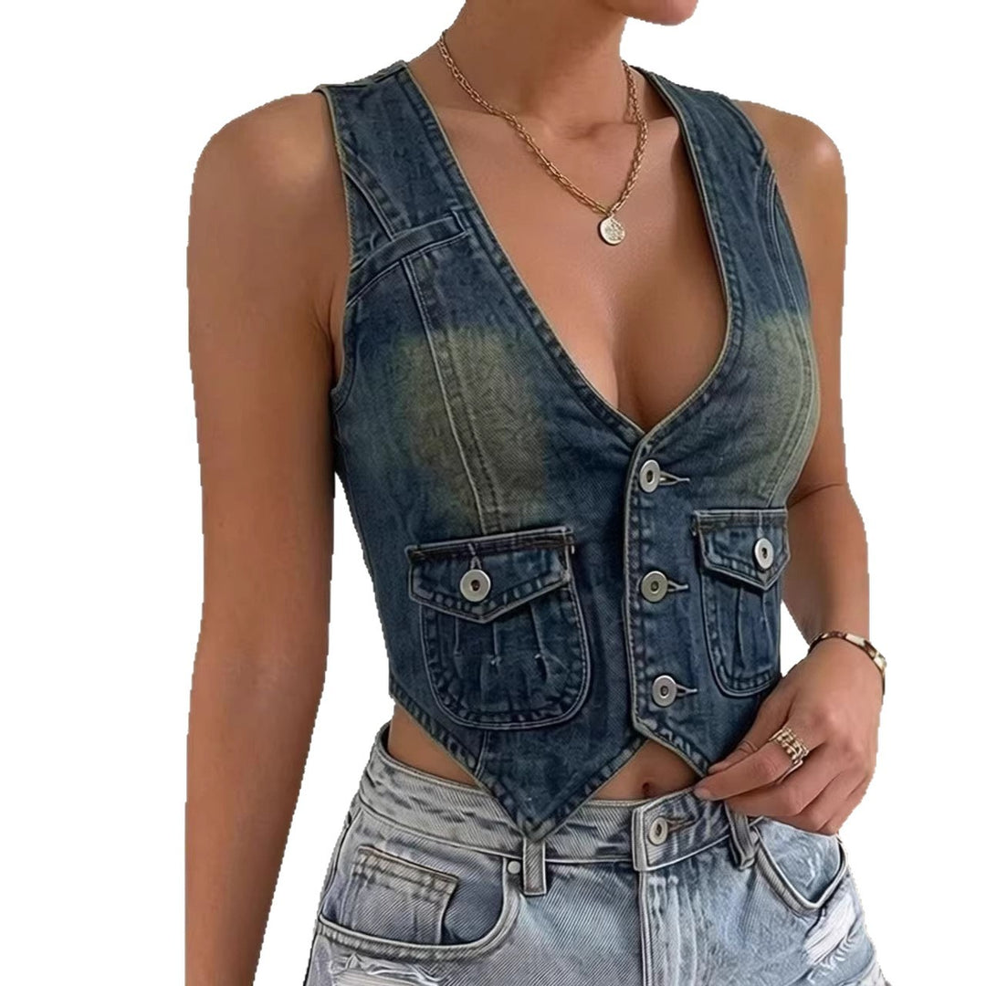 Damen ärmellose Denim-Weste mit aufgesetzten Taschen und tiefem V-Ausschnitt R&B