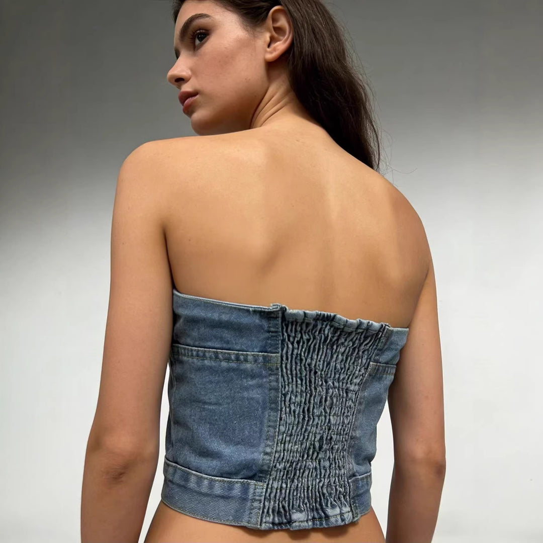Damen Denim Bustier-Oberteil mit Knopfdetails und tailliertem Schnitt R&B