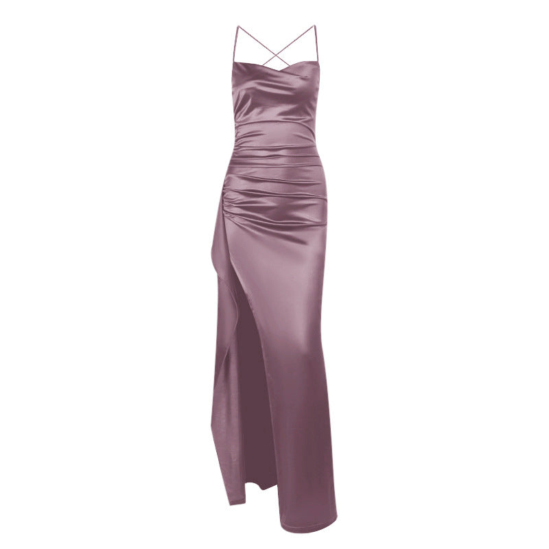 Damen elegantes Satin-Kleid mit tiefem Schlitz und verstellbaren Spaghetti-Trägern R&B