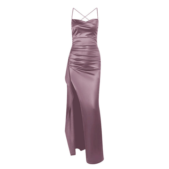 Damen elegantes Satin-Kleid mit tiefem Schlitz und verstellbaren Spaghetti-Trägern R&B