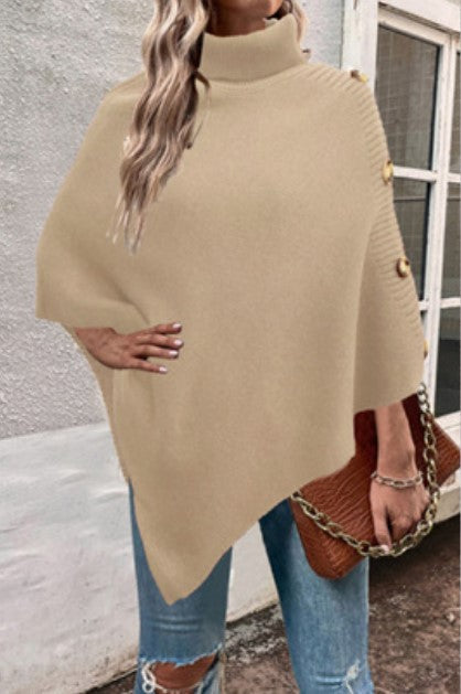 Damen Strick-Poncho mit hohem Kragen und Knopfdetails R&B