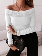 Damen Off-Shoulder Top mit Spitzenbesatz und langem Arm R&B