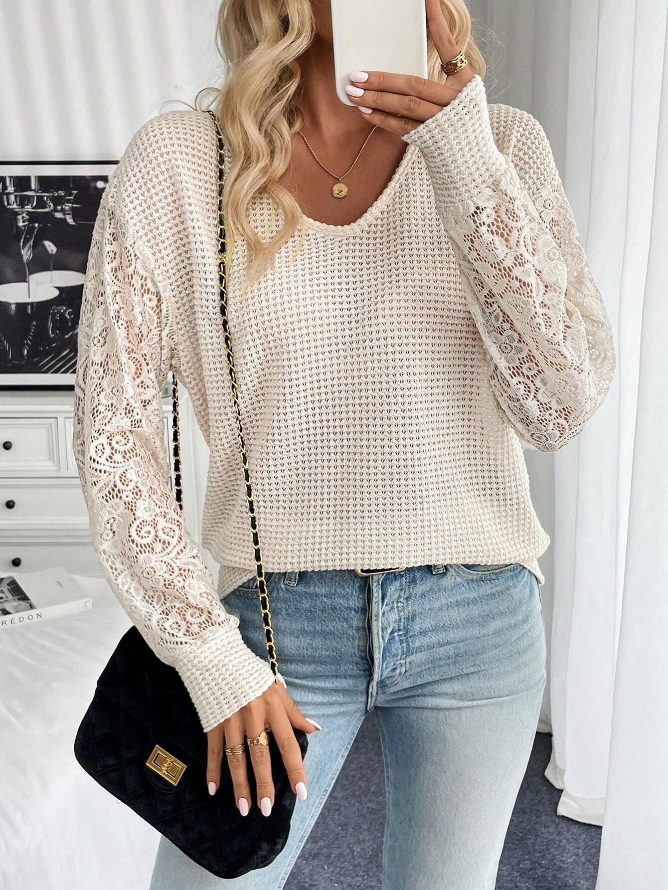 Damen nan locker geschnittener Waffelstrick-Pullover mit floralen Spitzeneinsätzen an den Ärmeln R&B