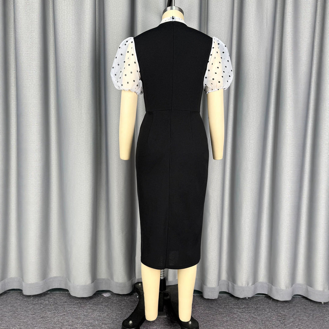 Damen figurbetontes Midi-Kleid mit transparenten Puffärmeln und Schleifenkragen R&B