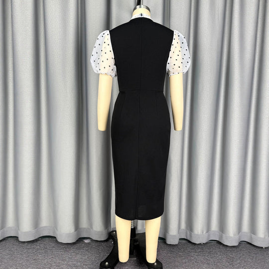 Damen figurbetontes Midi-Kleid mit transparenten Puffärmeln und Schleifenkragen R&B