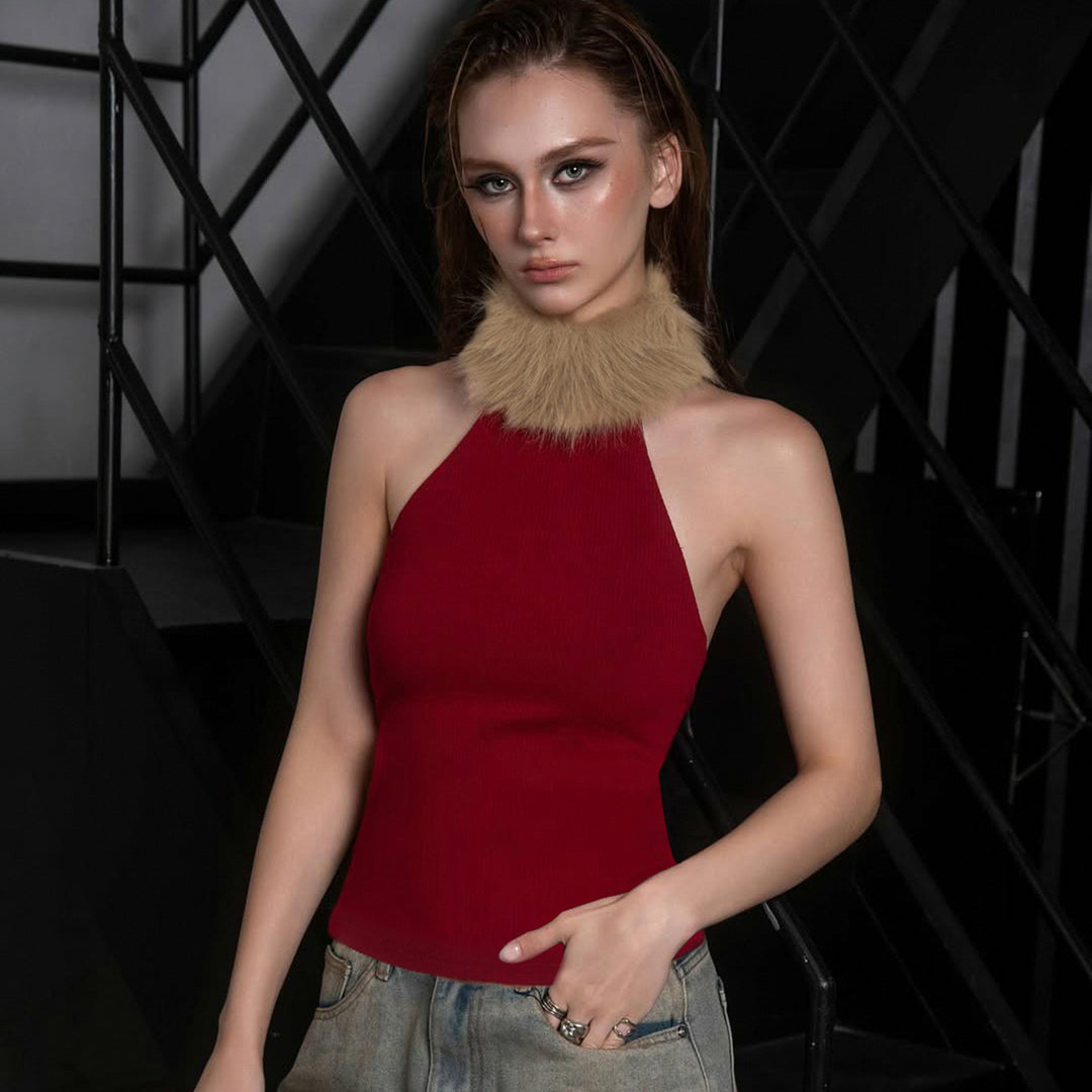 Damen elegantes langes Abendkleid mit raffiniertem Halter-Design und luxuriösem Kunstfellkragen R&B