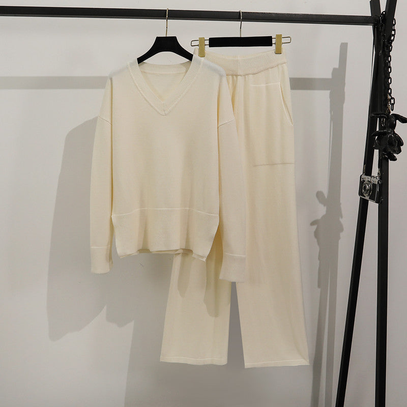 Damen lässiges Strick-Loungewear-Set mit tiefem V-Ausschnitt und praktischen Taschen R&B