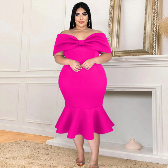 Damen figurbetontes Kleid mit schulterfreiem Design und voluminösem Schleifenakzent R&B