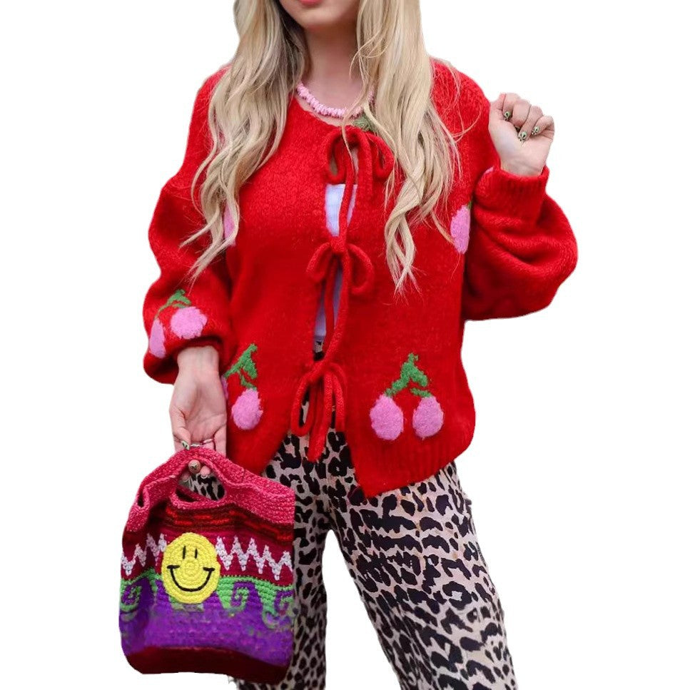 Damen Strickjacke mit verspieltem Kirschmotiv und Taillierung R&B
