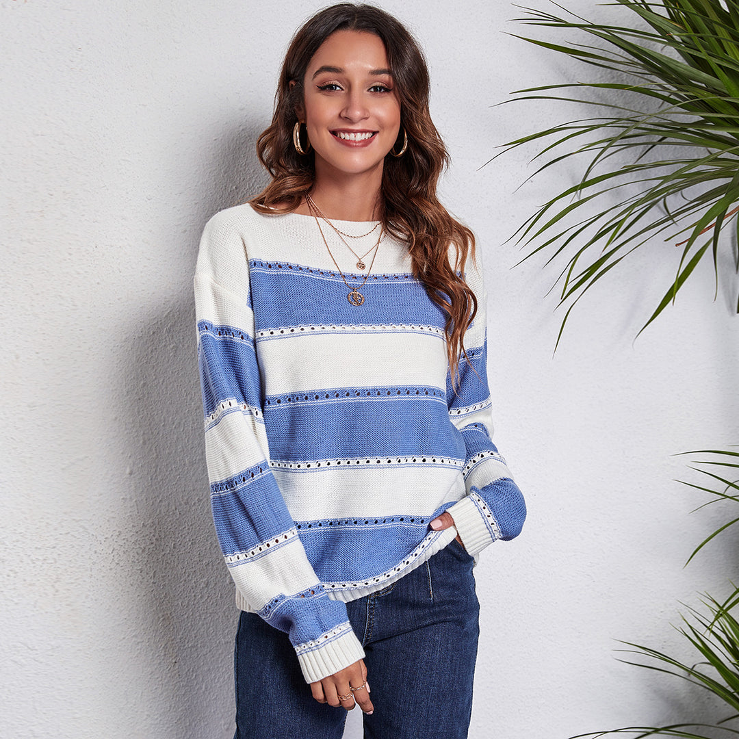 Damen Freizeit Pullover mit modernem Lochmuster und Streifen-Design R&B