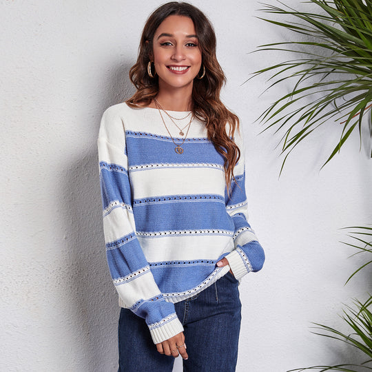 Damen Freizeit Pullover mit modernem Lochmuster und Streifen-Design R&B