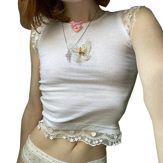 Damen zartes Crop-Top mit romantischer Spitzenkante R&B