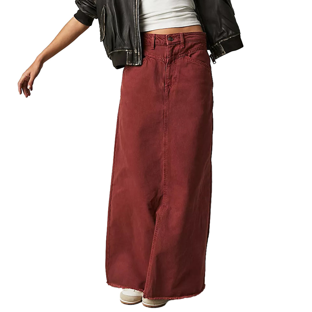 Damen Maxirock aus schwarzem Denim mit seitlichen Taschen und lässigem Schnitt R&B