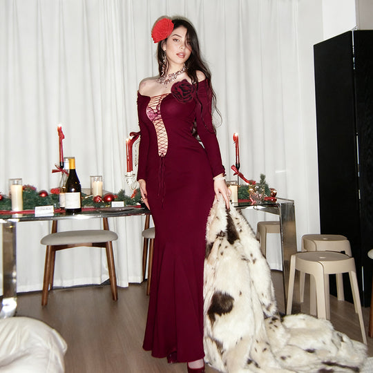 Damen figurbetontes Maxikleid mit Schnürung und floralem Detail R&B