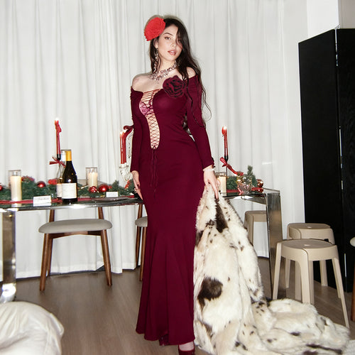 Damen figurbetontes Maxikleid mit Schnürung und floralem Detail R&B