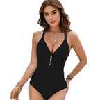 Damen Einteiler Badeanzug mit tiefem V-Ausschnitt und modischen Knopfdetails R&B