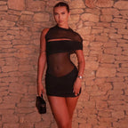 Damen figurbetontes Kleid mit transparenten Einsätzen und raffinierten Drapierungen R&B