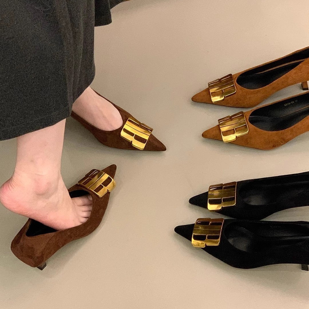 Damen elegante Slingback Pumps mit goldener Schnallenverzierung