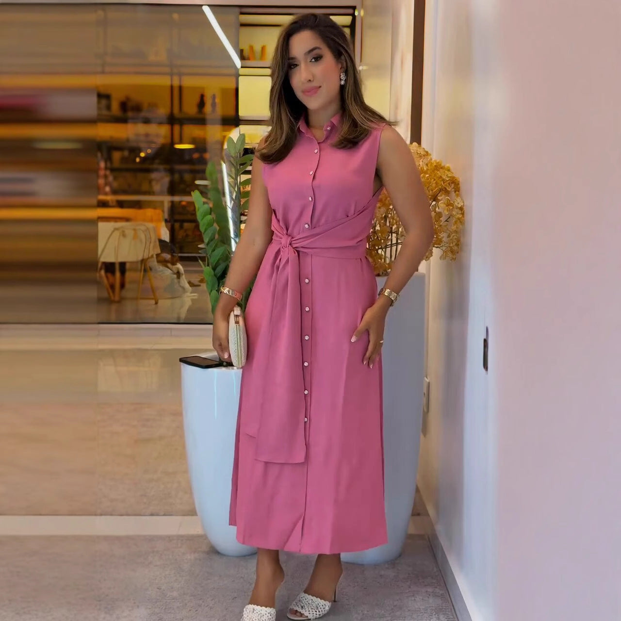 Damen Trägerkleid mit Knoten und Knopfleiste R&B