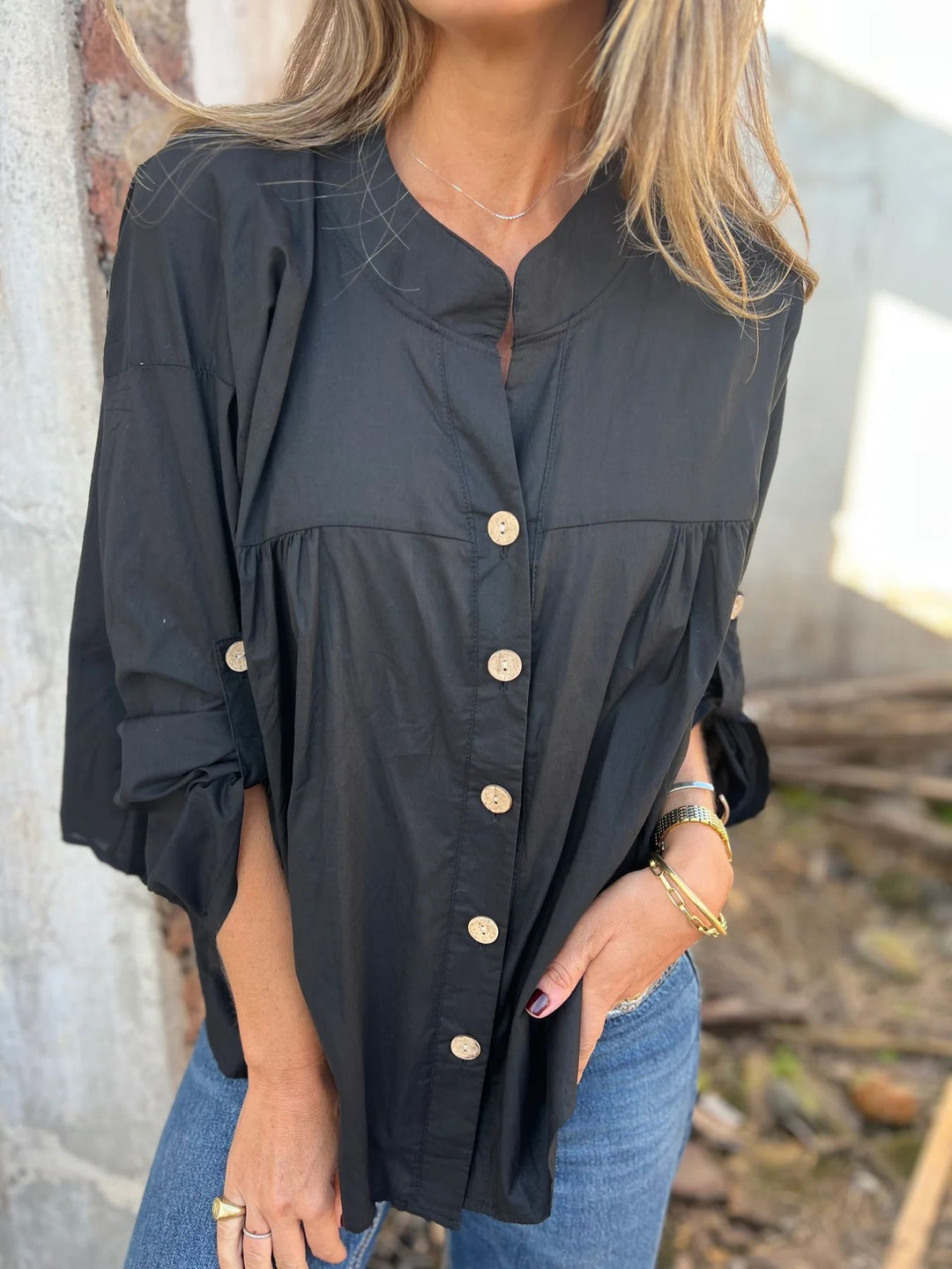 Damen Baumwollbluse mit Knopfleiste und bequemem Schnitt R&B