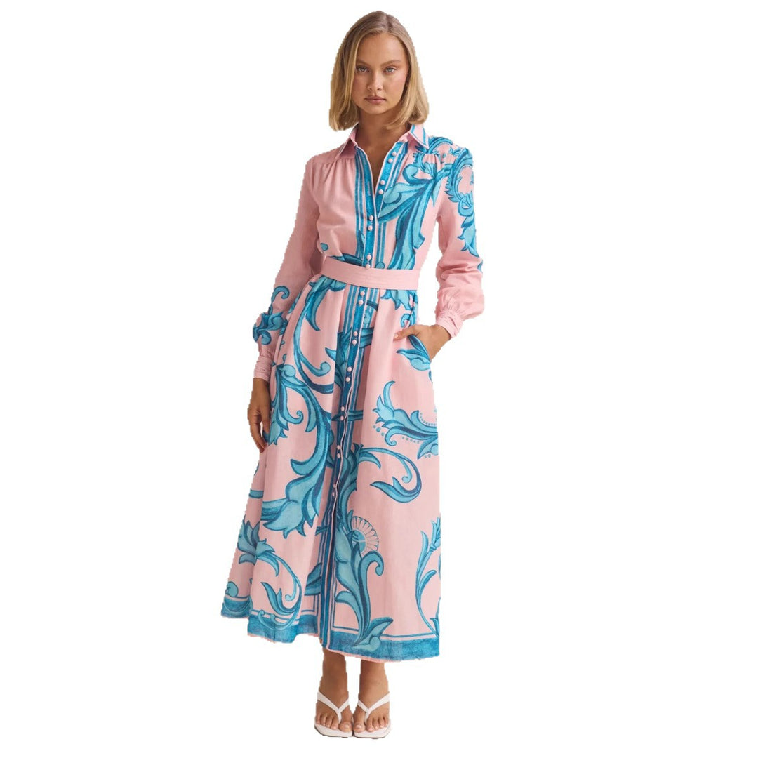 Damen Langarmhemdkleid mit floralen Akzenten und Taillengürtel R&B