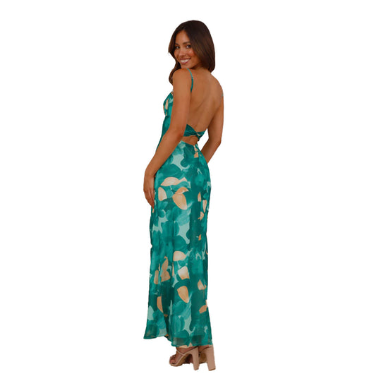 Damen Maxikleid mit floralem Wasserfarben-Design und verstellbaren Trägern R&B