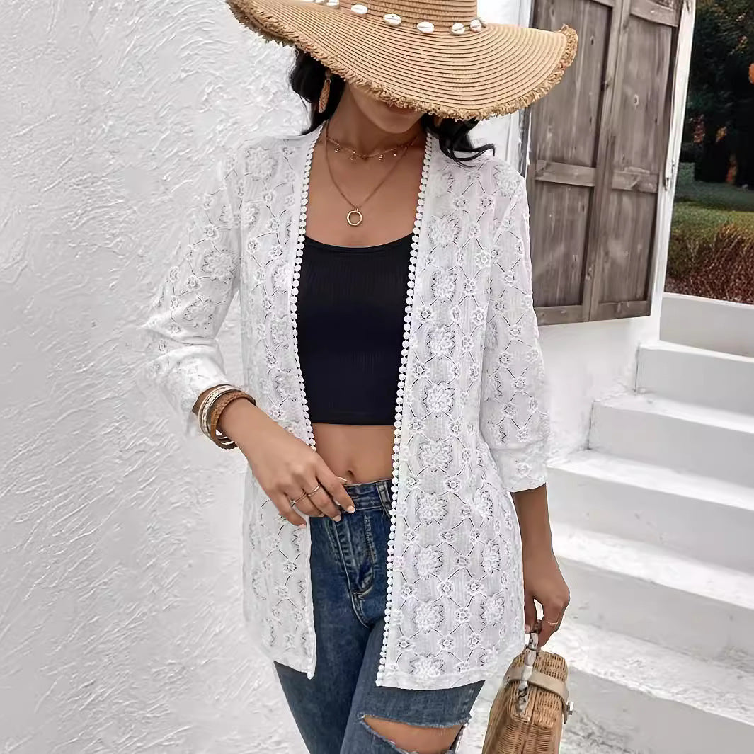 Damen nan luftiger Spitzenkimono Strandcardigan mit gehäkelter Bordüre R&B
