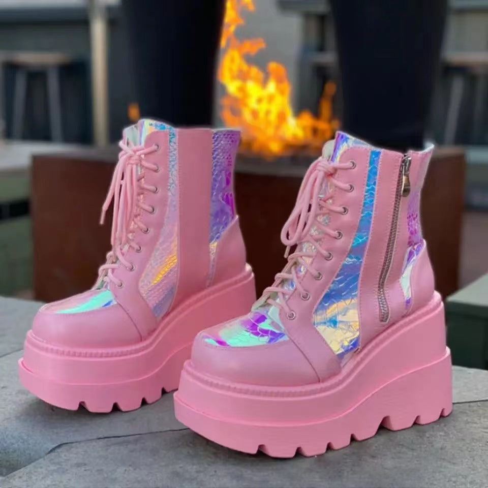 Damen Hochformatige Plateau-Schnürstiefel mit Kunstleder und reflektierenden Akzenten R&B