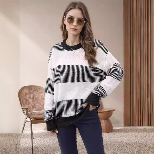 Damen gestreifter Strickpullover mit weitem Schnitt R&B