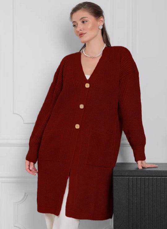 Damen Grobstrick-Cardigan mit schlichten Holzknöpfen und praktischen Taschen R&B