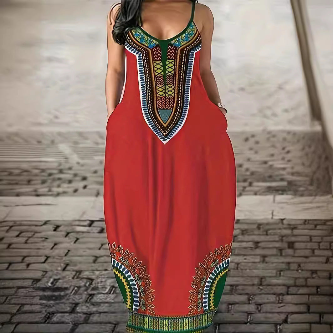 Damen Maxikleid mit künstlerischem Grafikdruck und tiefem V-Ausschnitt R&B