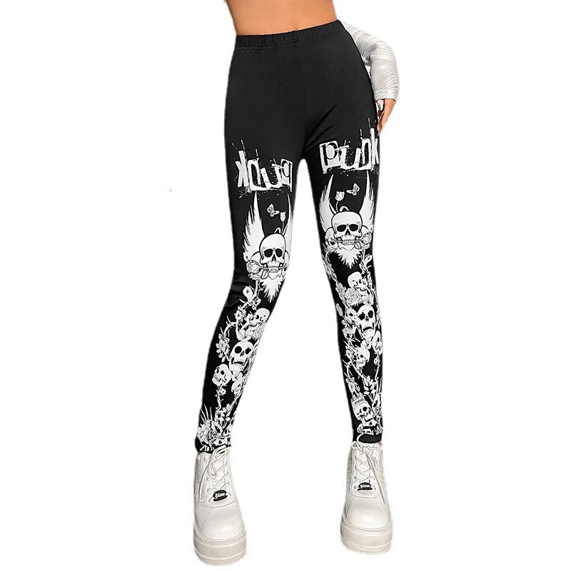 Damen Leggings mit auffälligem Totenkopf- und floralem Design R&B