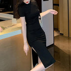 Damen elegantes Bodycon-Kleid mit hohem Schlitz und kurzen Ärmeln