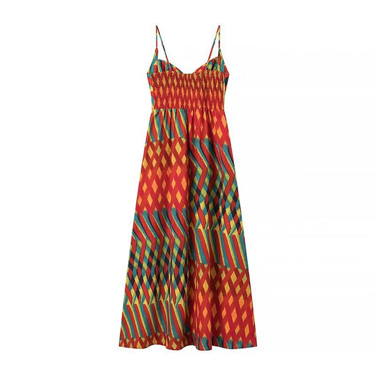 Damen Maxikleid mit auffälligem geometrischen Muster und verstellbaren Spaghetti-Trägern R&B