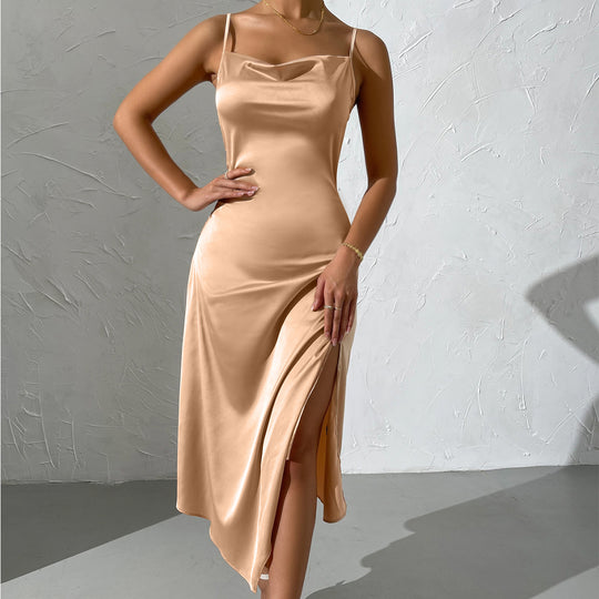 Damen langes Satin-Kleid mit sinnlichem Schlitz R&B