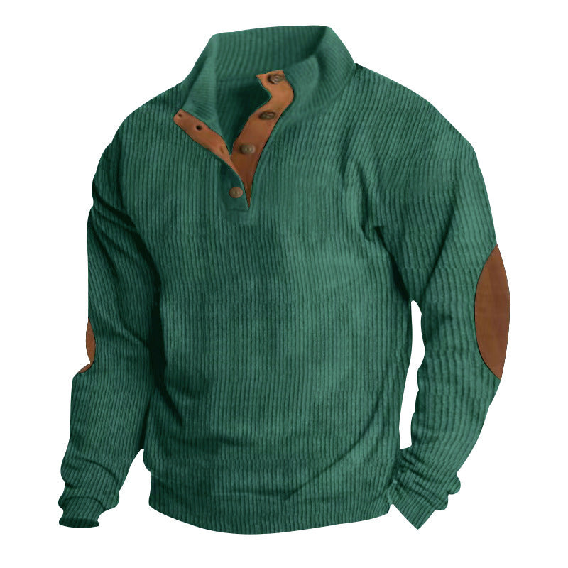 Herren nan gerippter Baumwollmix-Pullover mit Stehkragen, Knopfleiste und Lederoptik-Ellenbogenpatches R&B